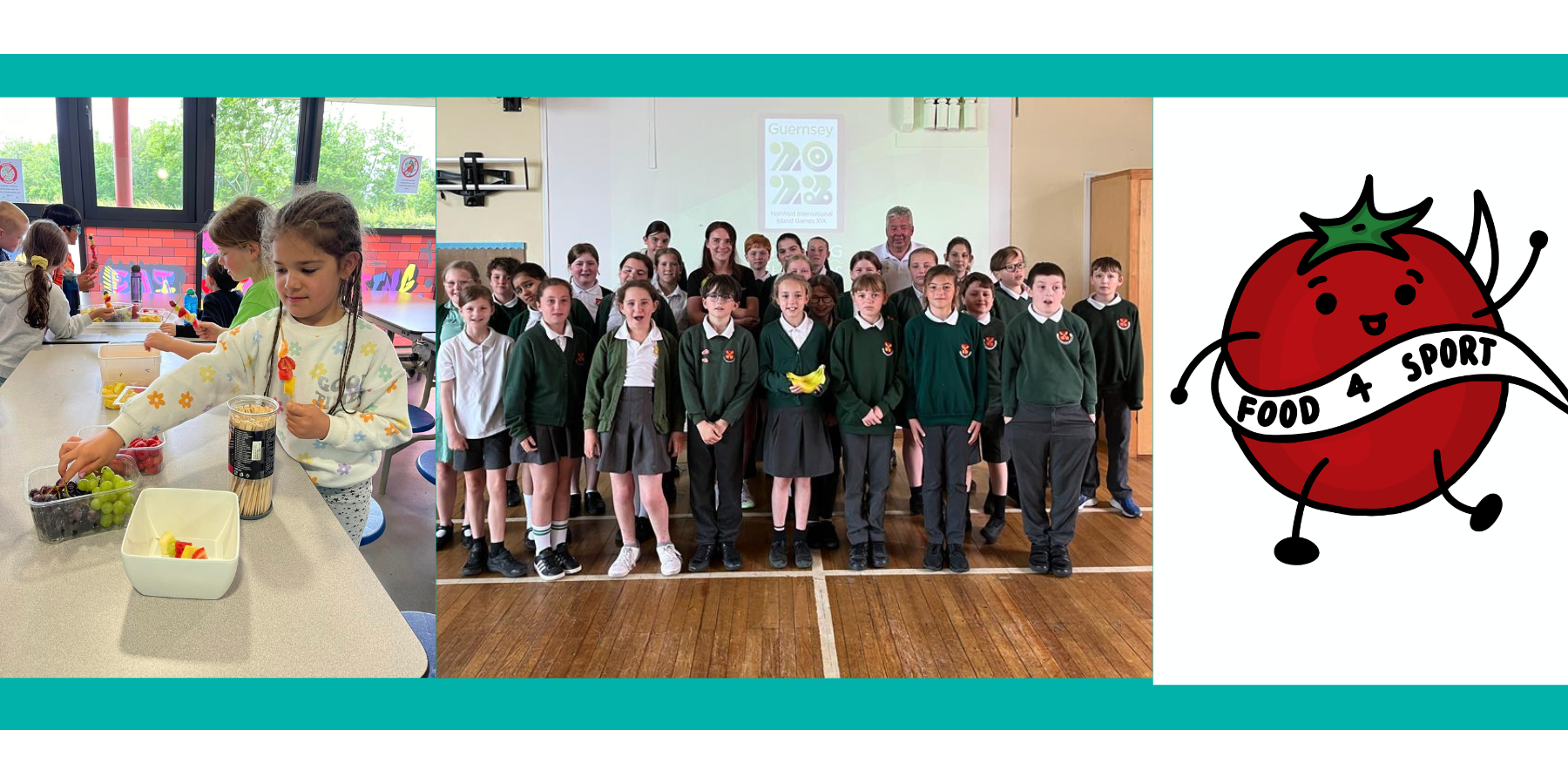 Making fruit kebabs at 'On Your Marks', one of the 10 school assemblies, Tommy T - our Food 4 Sport logo designed by local pupil